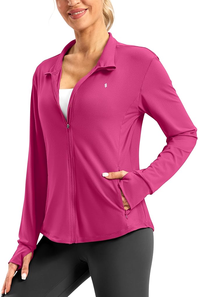 Soothfeel Women's UPF 50+ Lightweight Athletic Jackets Sun Protection Zip Up Long Sleeve Shirts Hiking Workout Outdoor Pocket