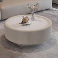 31.5" White Round Coffee Table with Storage, Tempered Glass Top PU Leather Body & Baked Enamel Base, Modern Minimalist Fluted Circle Center Tables for or Living Room, Bedroom, Apartment