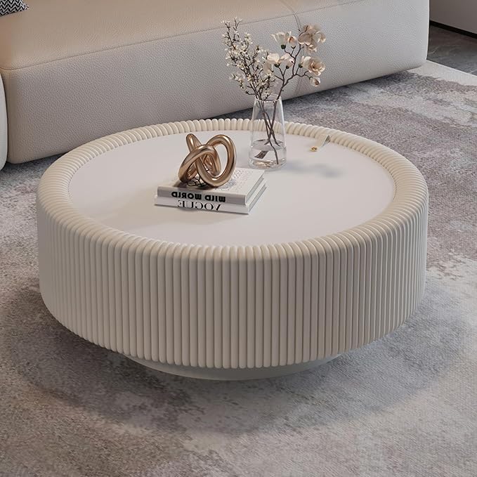 31.5" White Round Coffee Table with Storage, Tempered Glass Top PU Leather Body & Baked Enamel Base, Modern Minimalist Fluted Circle Center Tables for or Living Room, Bedroom, Apartment