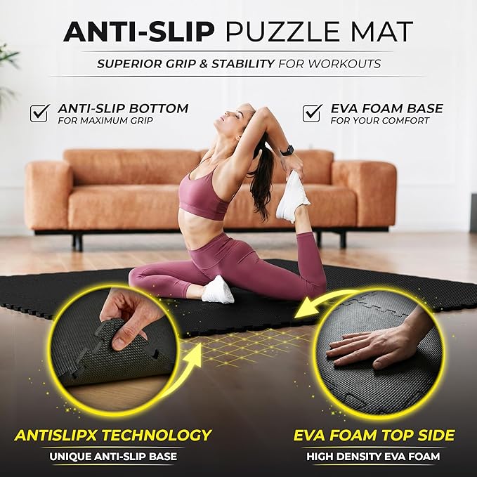 bemaxx Gym Mats Set - 18 pcs EVA Interlocking Foam Floor Tiles (12.6"x12.6"x0.4") 18sqft Protective Gym Flooring Sports Home Workout Exercise Mats Puzzle Garage Fitness Play-Room Pool Treadmill Bike