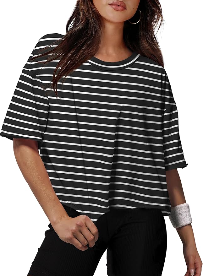 XIEERDUO Cotton Tshirts for Women Drop Shoulder Round Neck Oversized Crop Tops Workout Tops Tees