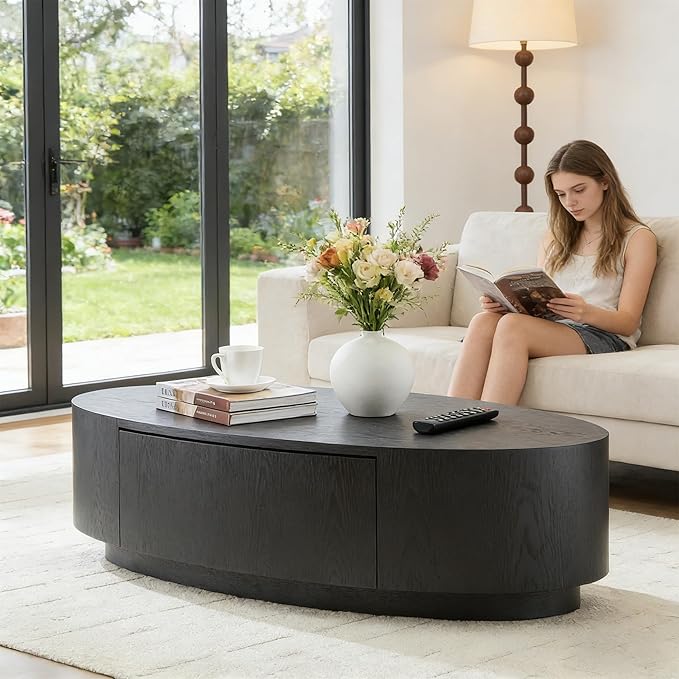 47.24" Oval Wood Coffee Table with Storage Drawer, MDF Center Table, Side Table, Dining Table for Living Room, Apartment, Office (Black)