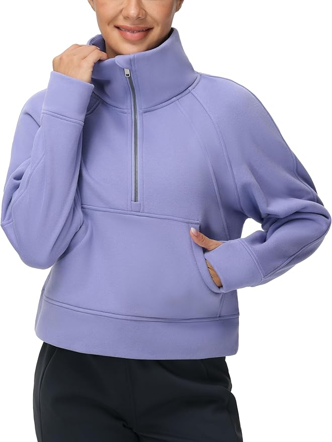 THE GYM PEOPLE Womens' Half Zip Pullover Fleece Stand Collar Crop Sweatshirt with Pockets Thumb Hole