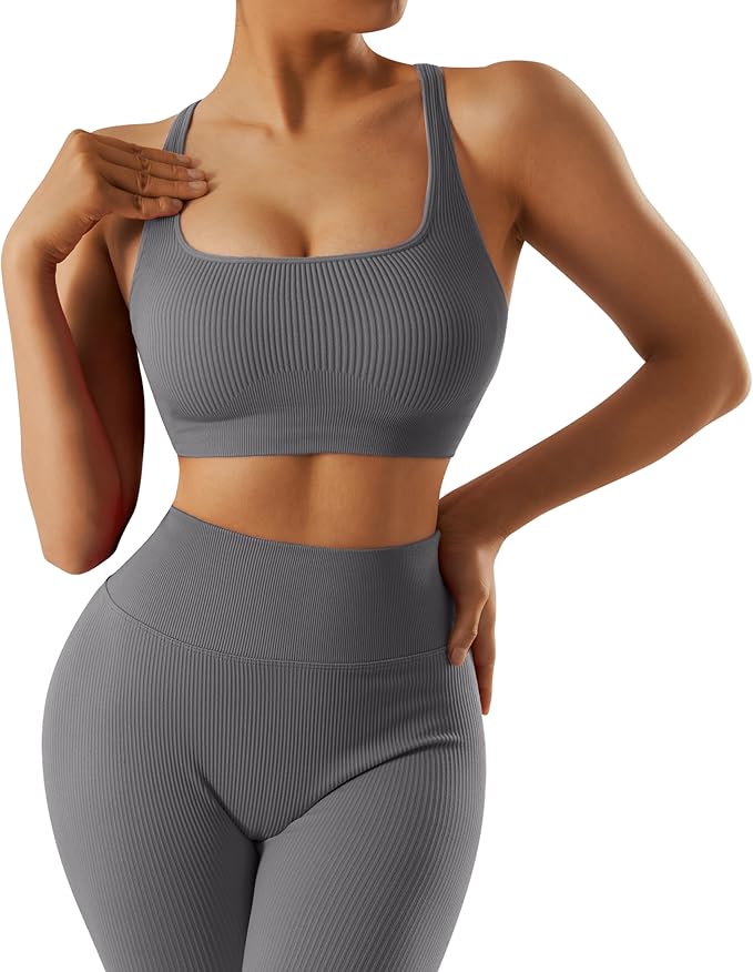 RXRXCOCO Ribbed Workout Sets for Women 2 Piece Backless Strappy Sports Bra Seamless Leggings Matching Set Yoga Outfits