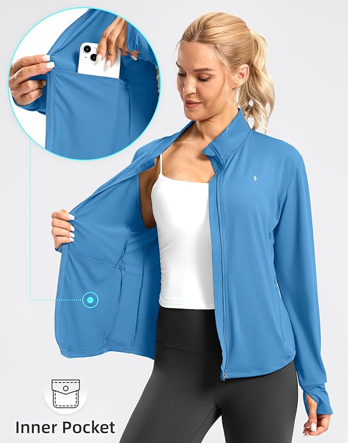 Soothfeel Women's UPF 50+ Lightweight Athletic Jackets Sun Protection Zip Up Long Sleeve Shirts Hiking Workout Outdoor Pocket