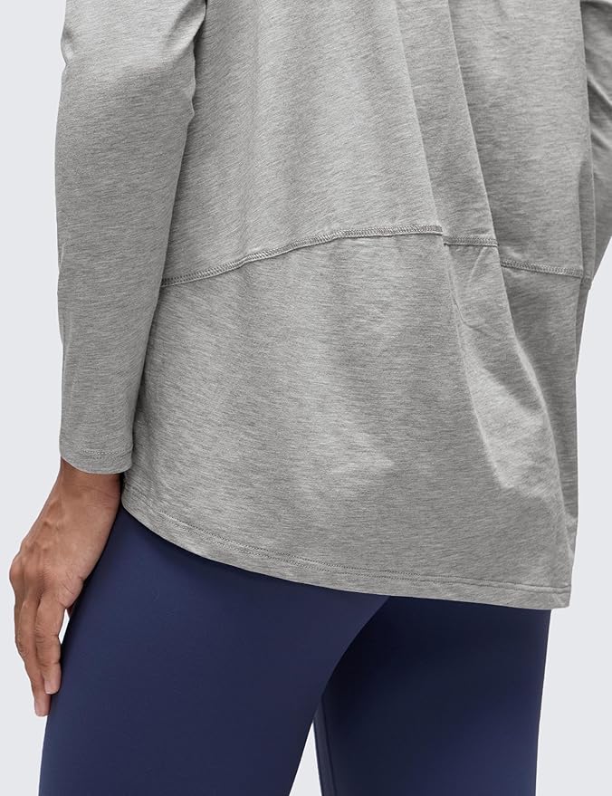 CRZ YOGA Pima Cotton Boat Neck Long Sleeve Shirts for Women - Workout Athletic Yoga Casual Tops Loose Fit Fall T-Shirts