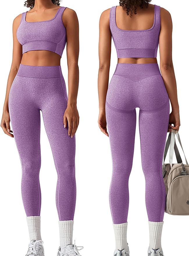 OLCHEE Womens Workout Sets 2 Piece Seamless Square Neck Sports Bra Padded Butt Lifting Leggings High Waist Yoga Gym Outfits