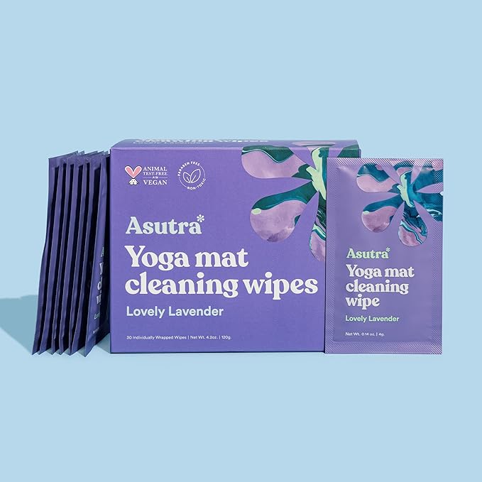ASUTRA Yoga Mat Wipes (Lovely Lavender), Individually Wrapped Wipes 1 Box (30 Wipes)- No Slippery Residue, Deep-Cleansing for Fitness Gear & Gym Equipment