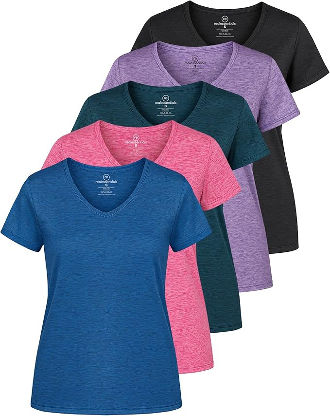 Real Essentials 5 Pack: Women's Dry-Fit Short Sleeve V Neck T Shirt Workout Fitness Yoga Top Tee (Available in Plus Size)
