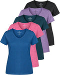 Real Essentials 5 Pack: Women's Dry-Fit Short Sleeve V Neck T Shirt Workout Fitness Yoga Top Tee (Available in Plus Size)