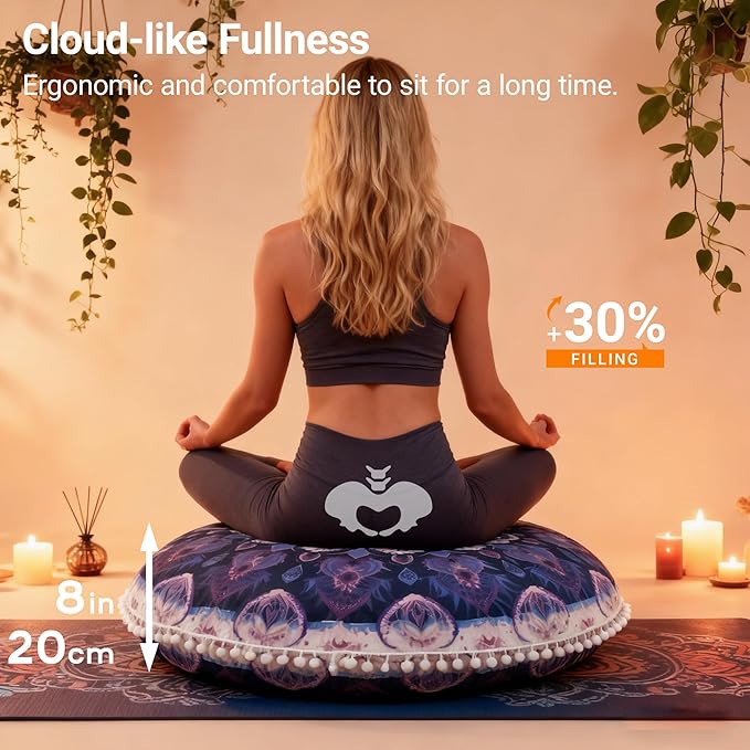 Meditation Cushion 32 Inch Round, Extra Thick Memory Foam Floor Pillow with Removable Washable Cover, Bohemian Mandala Yoga Cushion for Adults - Ideal Gift & Holiday Decor, Purple