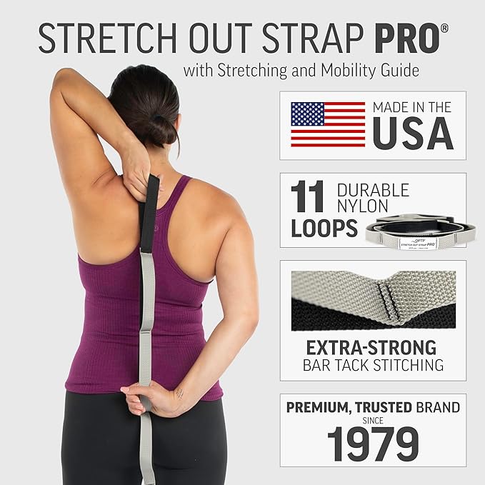 OPTP Stretch Out Strap Pro with Stretching Exercise Book, 11 Loop Stretching Strap for Yoga and Pilates, Physical Therapy Strap for Leg and Knee Recovery. Made in the USA