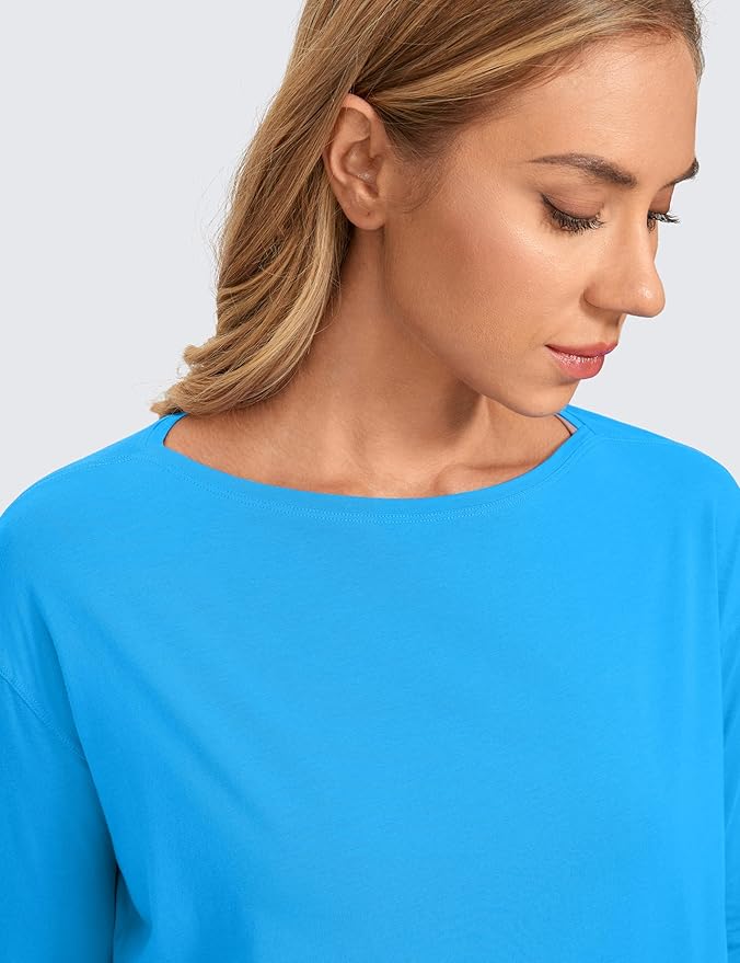 CRZ YOGA Pima Cotton Boat Neck Long Sleeve Shirts for Women - Workout Athletic Yoga Casual Tops Loose Fit Fall T-Shirts