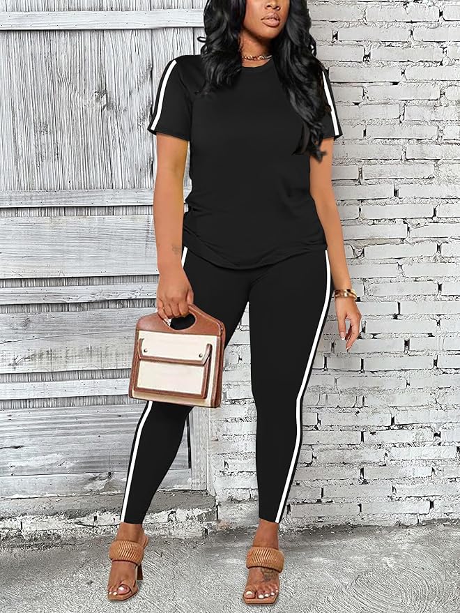 Women's 2 Piece Outfits Sweatsuit Summer Workout Striped Short Sleeve Long Sweatpants Casual Jogging Lounge Set