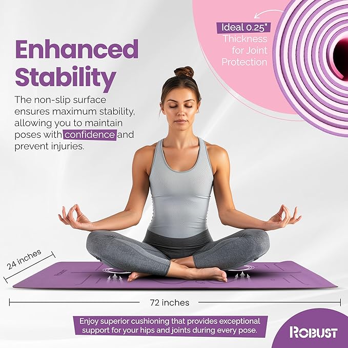 Robust Extra Thick Yoga Mat 1/4 & 1/3 & 2/5 Inch - Non Slip Exercise Mat with Alignment Lines, Carrying Strap, TPE Eco-Friendly Material for Knee Support, Sweat-Proof 72" x 24" for Women & Men
