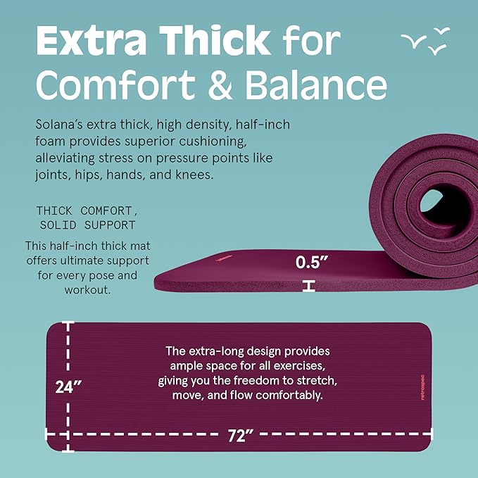 Retrospec Solana Yoga Mat Thick 1/2in Non-Slip Workout Mat with Nylon Strap - 72x24in Exercise Mat for Pilates, Stretching & Fitness - BPA Free, Easy Clean