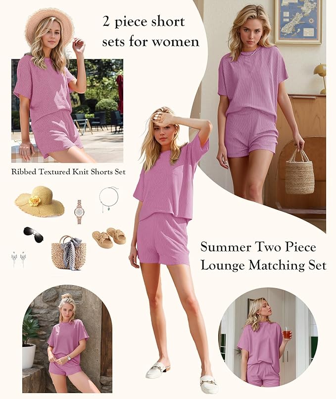 MARZXIN Women 2 Piece Shorts Set 2026 Casual Summer Cruise Outfits Ribbed Loose Short Sleeve Pocket Matching Lounge Sets