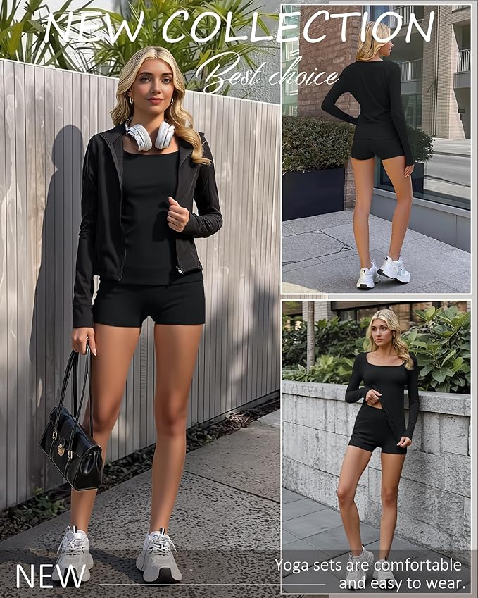 Women Workout Sets 2 Piece Yoga Square Neck Long Sleeve Top Athletic Seamless Short Pockets Sport Gym Run Outfits
