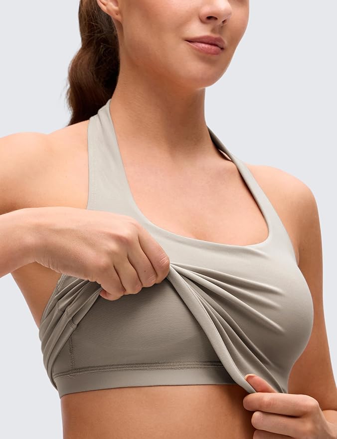 CRZ YOGA Butterluxe Halter Crop Tank Tops for Women - Open Back Padded Longline Sports Bras Workout Gym