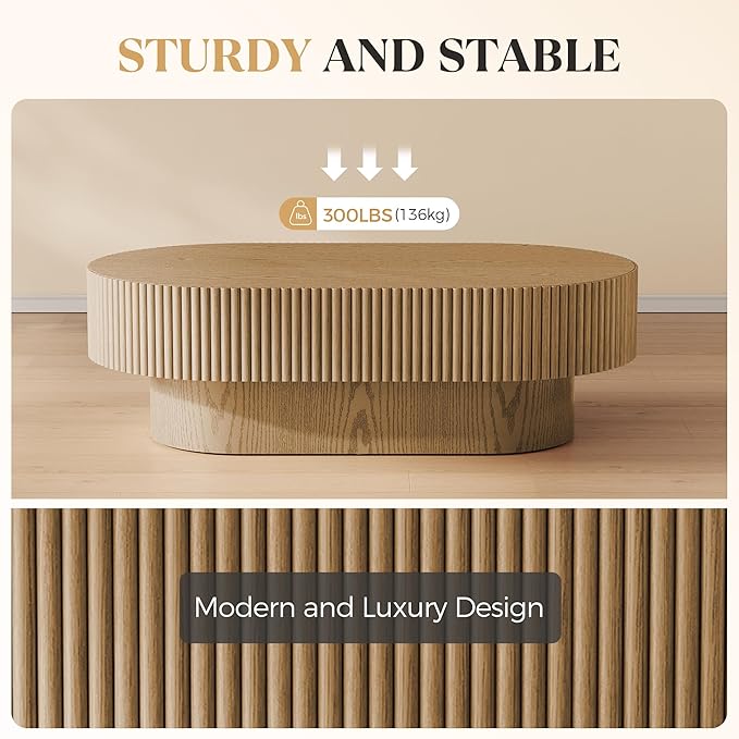YOUDENOVA 43.7” Oval Coffee Table, Modern Wood Fluted Coffee Table for Living Room, Veneer Handcrafted Relief Center Table with Sturdy Pedestal，Easy Assembly - Natural