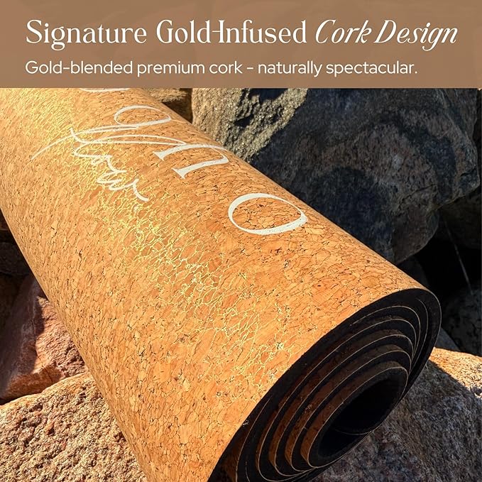 Deluxe Cork Yoga Mat – Gold, Coffee or Vegan Leather Cork Surface & Natural Rubber Base – Premium Natural & Eco Friendly Materials – Includes Signature Handmade Boho Bag
