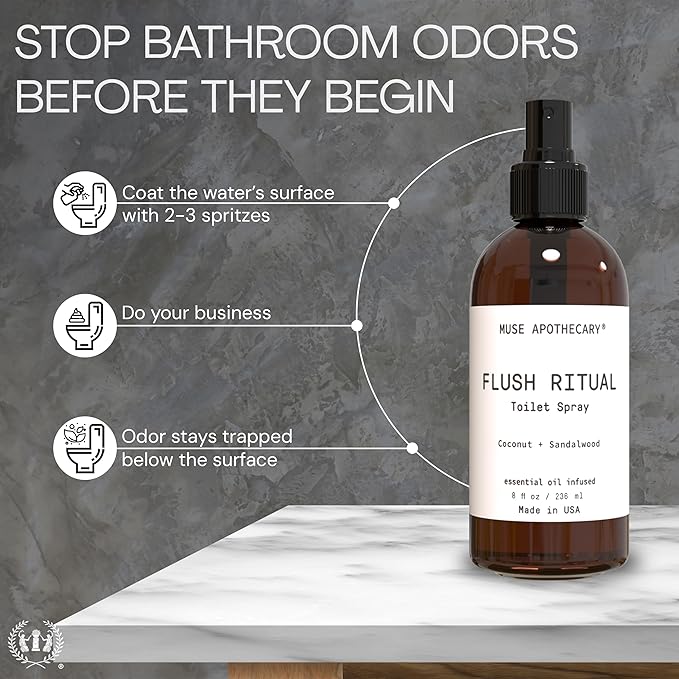 Muse Apothecary Flush Ritual - Aromatic & Refreshing Toilet Spray, Use Before You Go, 8 oz, Infused with Natural Essential Oils - Coconut + Sandalwood, 2 Pack