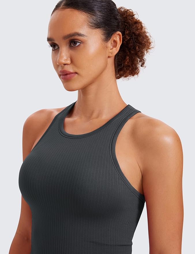 CRZ YOGA Seamless Ribbed High Neck Crop Tank Tops for Women - Longline Racerback Padded Sports Bras