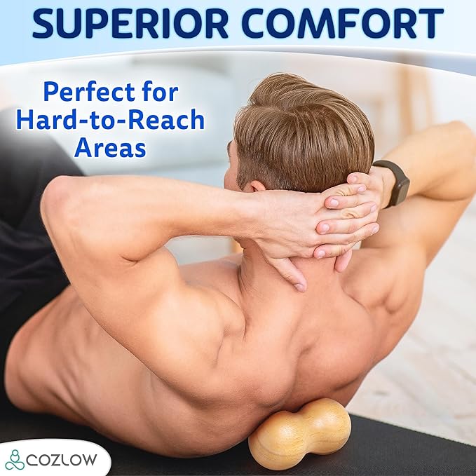 COZLOW Peanut Ball Massage Roller - Wood Therapy Massager - Double Lacrosse Ball Shaped Tool for Neck, Back, Spine, Feet Muscle Pain Relief - Wooden Mobility Device for Deep Tissue Recovery