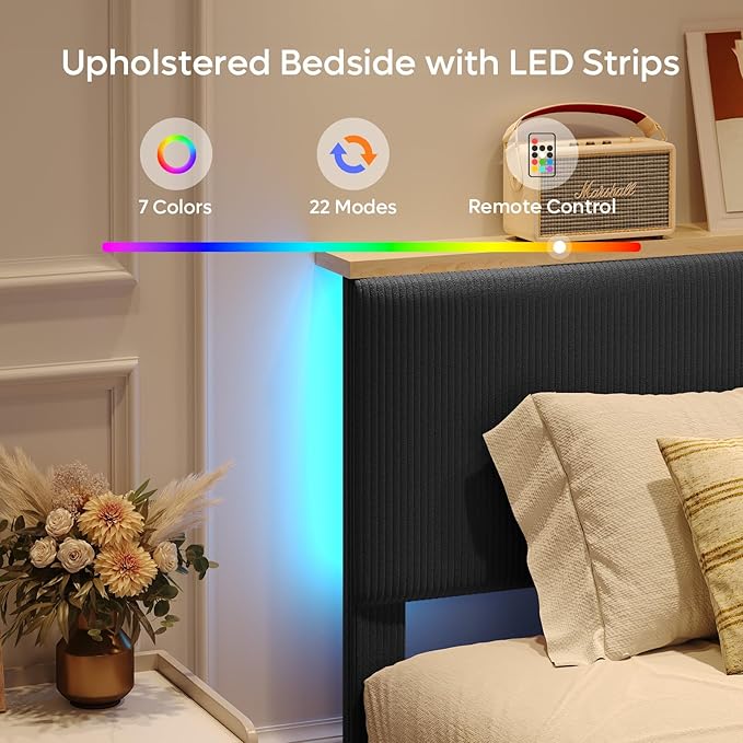 Bestier Full Bed Frame with Adjustable Headboard & LED Lighting, Corduroy Upholstered Platform Bed Frame with Storage Shelf, Solid Wood Slats, No Box Spring Needed, Never Squeak, Easy Assembly, Black