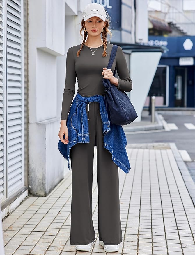 PINSPARK Women 2 Piece Lounge Set Long Sleeve Cropped Top Wide Leg Pants with Pockets 2024 Fall Outfits Matching Tracksuit