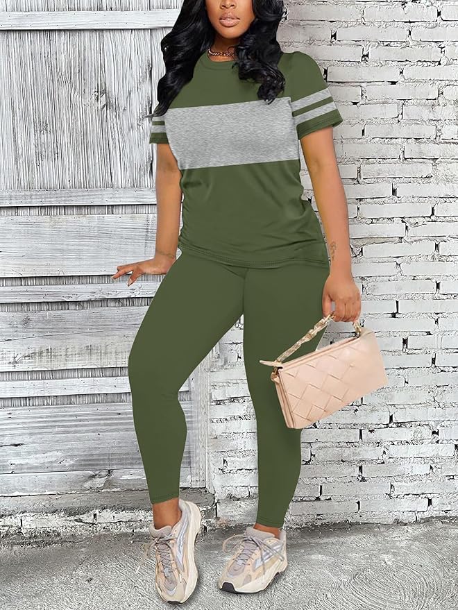 Two Piece Sets for Women Summer Short Sleeve Striped Crewneck Slim Fit Active Casual Sweatsuits