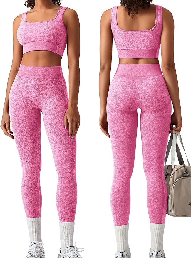 OLCHEE Womens Workout Sets 2 Piece Seamless Square Neck Sports Bra Padded Butt Lifting Leggings High Waist Yoga Gym Outfits