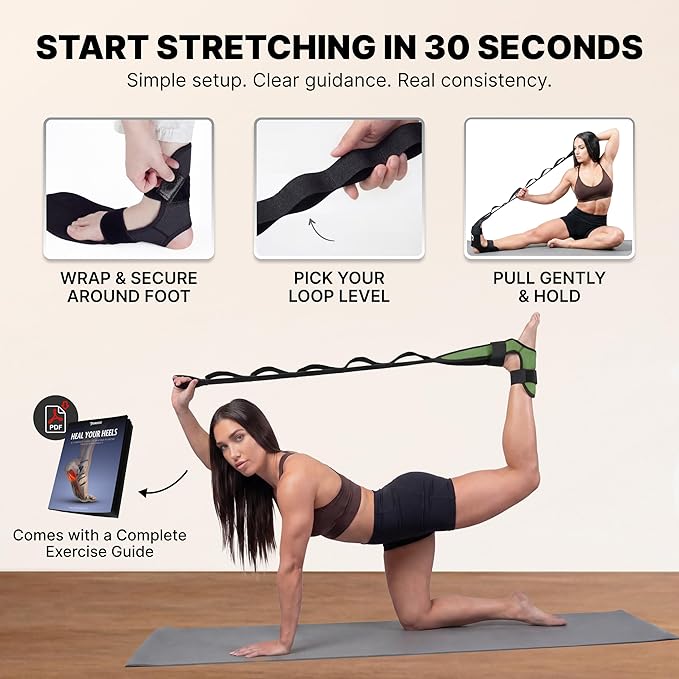 DMoose Fitness Foot & Calf Stretcher with Adjustable Padded Stretching Strap for Plantar Fasciitis, Hamstring, Heel Spurs and Achilles Tendonitis Relief - Yoga Leg Stretch Strap for Flexibility