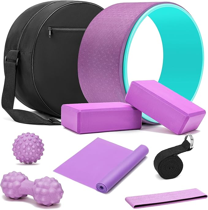 All in One Yoga Wheel Set, Soft Foam Roller Wheel for Back Pain & Stretching, Yoga Blocks 2 Pack with Strap, Trigger Point Therapy Massage Ball for Deep Tissue, Yoga Starter Kit for Beginner