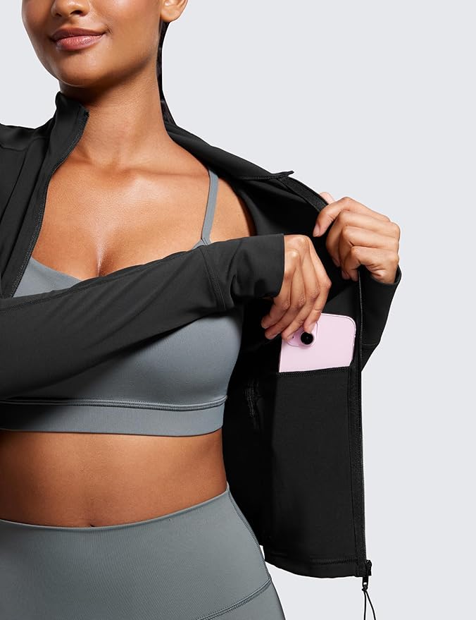 CRZ YOGA Butterluxe Waist Length Jackets for Women - Full Zip Athletic Track Tops with Thumb Holes Pockets