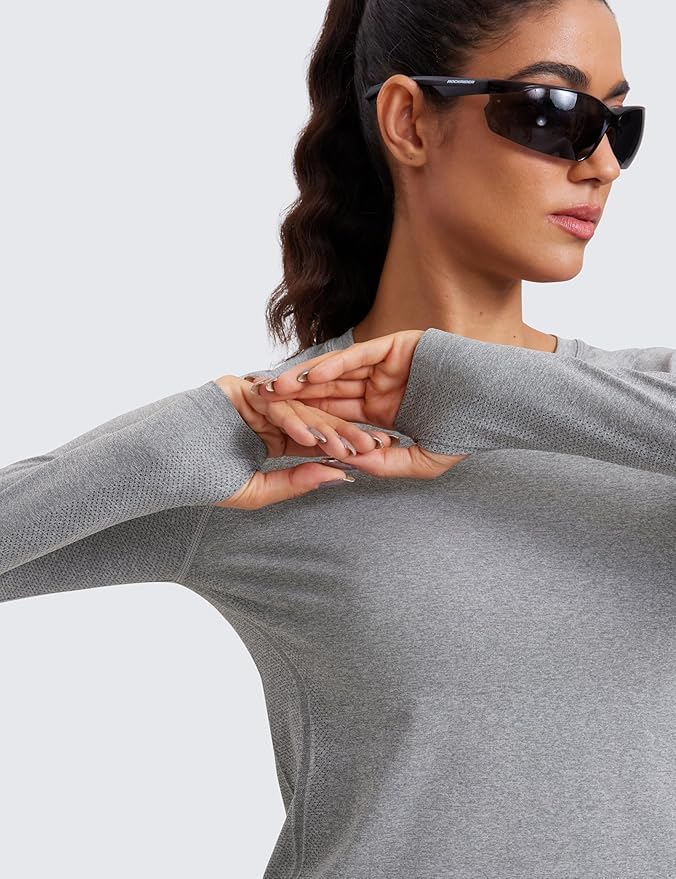 CRZ YOGA Seamless Long Sleeve Shirts for Women Waist Length - Workout Athletic Running Gym Yoga Tops Crewneck Breathable
