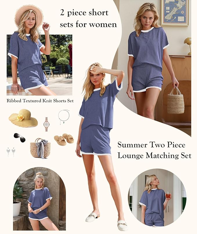 MARZXIN Women 2 Piece Shorts Set 2026 Casual Summer Cruise Outfits Ribbed Loose Short Sleeve Pocket Matching Lounge Sets