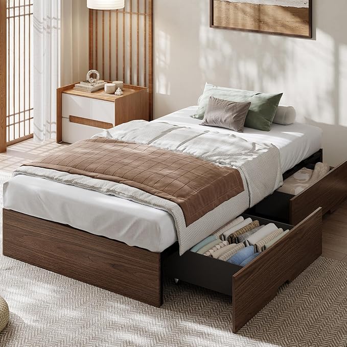 GarveeHome Twin Size Wood Platform Bed Frame with 2 Storage Drawers, Wooden Bed Frame Without Headboard, Wood Slat Support, No Box Spring Needed, Easy Assembly