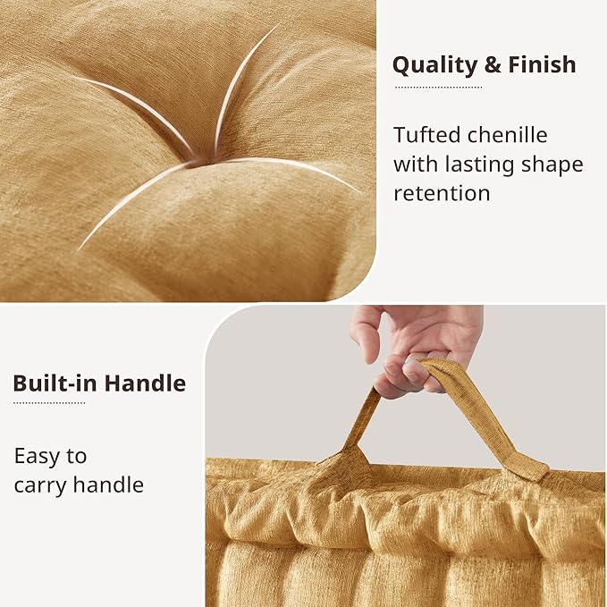 Intelligent Design Large Floor Pillow for Adults Yoga or Meditation Cushion with Handle, Floor Cushion for Board Games, Lustrous Chenille Tufted, Handsewn Scalloped Edge, Azza, 24" x 24" x 5" Yellow