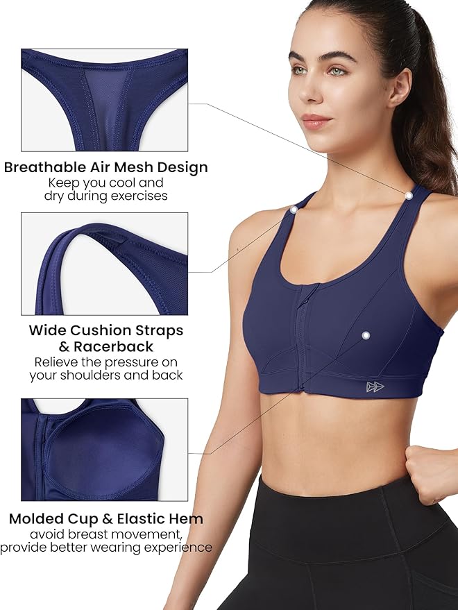 Yvette Zip Front Sports Bra - High Impact Sports Bras for Women Plus Size Workout Fitness Running