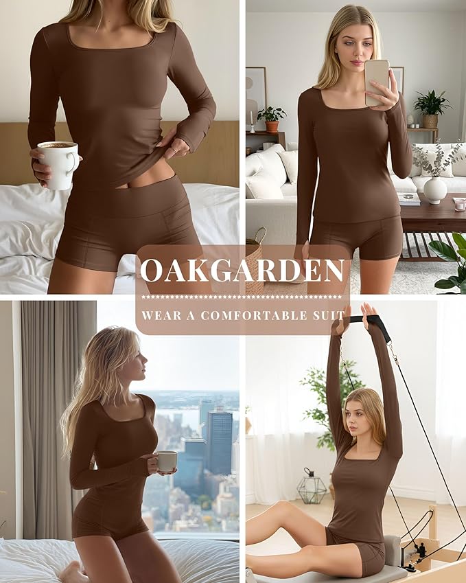 Oakgarden Women's Long Sleeve Yoga Set Square Neck Slim Fit Tops Elastic Soft Thumb Hole Shirt High Waist Shorts with Pockets