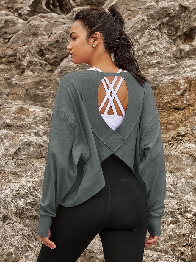 Panadila Womens Open Back Workout Top Long Sleeve Athletic Shirts Casual Crop Running Tee Y2k Yoga