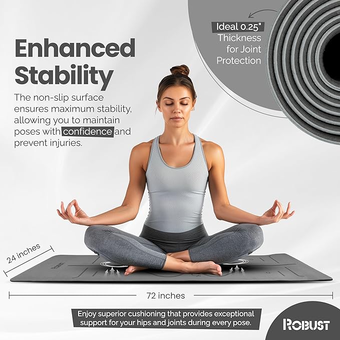 Robust Extra Thick Yoga Mat 1/4 & 1/3 & 2/5 Inch - Non Slip Exercise Mat with Alignment Lines, Carrying Strap, TPE Eco-Friendly Material for Knee Support, Sweat-Proof 72" x 24" for Women & Men
