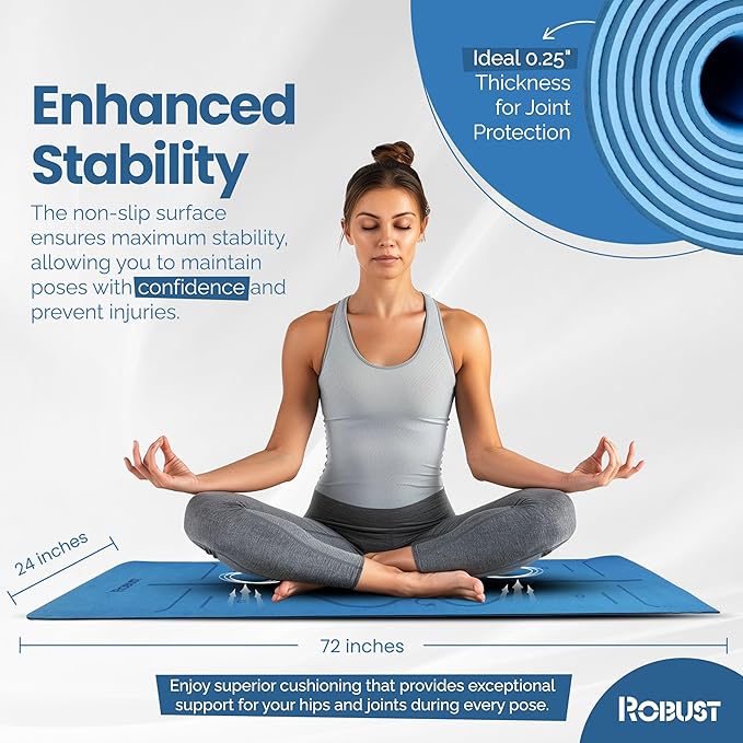 Robust Extra Thick Yoga Mat 1/4 & 1/3 & 2/5 Inch - Non Slip Exercise Mat with Alignment Lines, Carrying Strap, TPE Eco-Friendly Material for Knee Support, Sweat-Proof 72" x 24" for Women & Men