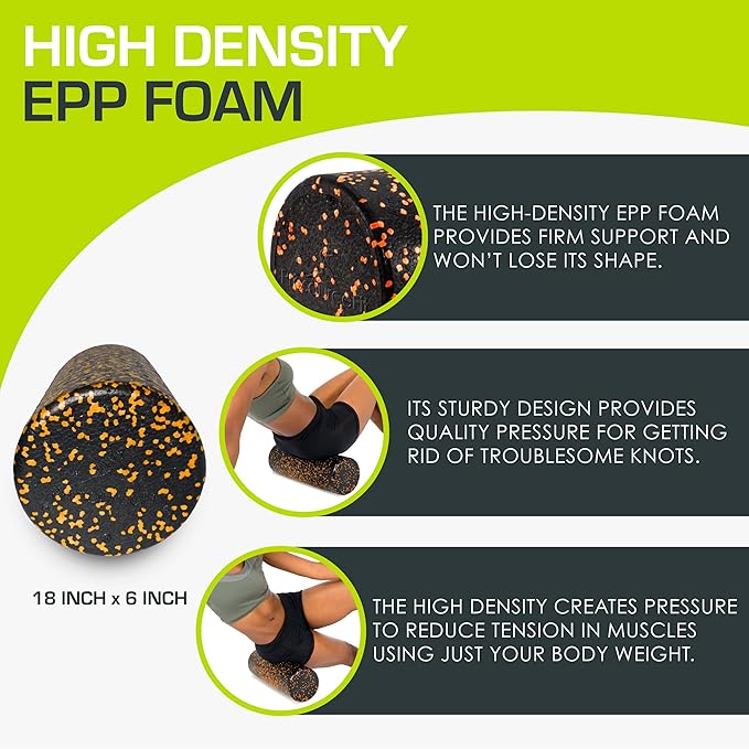 ProsourceFit High Density Foam Rollers 18 - inches long, Firm Full Body Athletic Massage Tool for Back Stretching, Yoga, Pilates, Post Workout Muscle Recuperation, Black/Orange