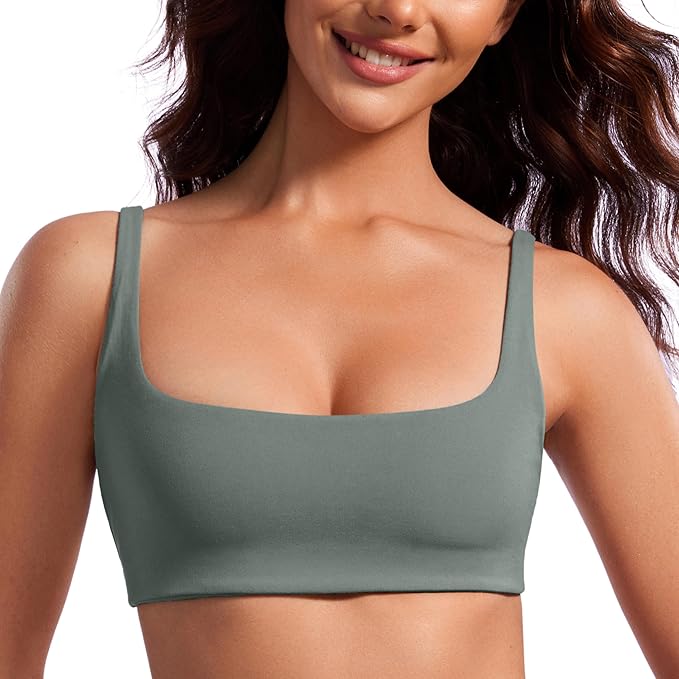 CRZ YOGA Butterluxe Square Neck Spaghetti Strap Sports Bras for Women - Low Coverage Yoga Wireless Padded Cami Crop Top