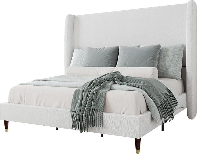 Jocisland King Size Bed Frame 51.2" Wingback Headboard Linen Upholstered Platform Bed with Solid Wood Legs & Wooden Slats, No Box Spring Needed, Modern Minimalist Style, Easy Assembly, White