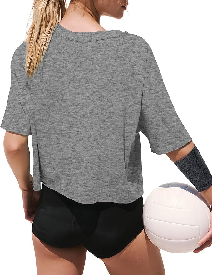 XIEERDUO Cotton Tshirts for Women Drop Shoulder Round Neck Oversized Crop Tops Workout Tops Tees