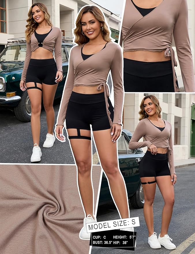 Perfashion Women Ballet Wrap Top Pilates Yoga Long Sleeve Workout Tie Tops Y2K Dance Shirt Blouses
