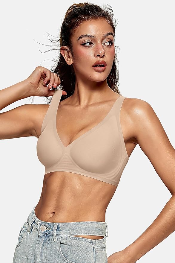 OEAK Womens Deep V Bras Wireless Comfortable Bra Supportive No Underwire Bras Tshirt Push Up Bralettes Plunge Seamless Bra